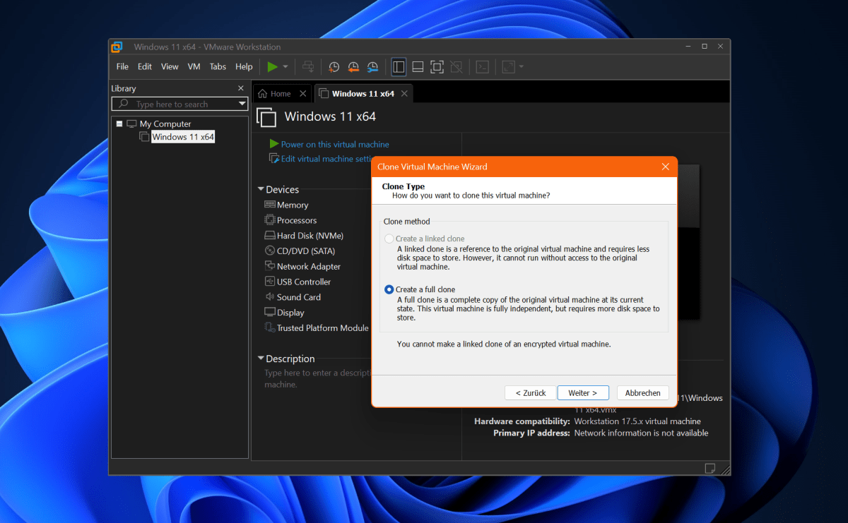 VMware Workstation 17 - Clone Optionen